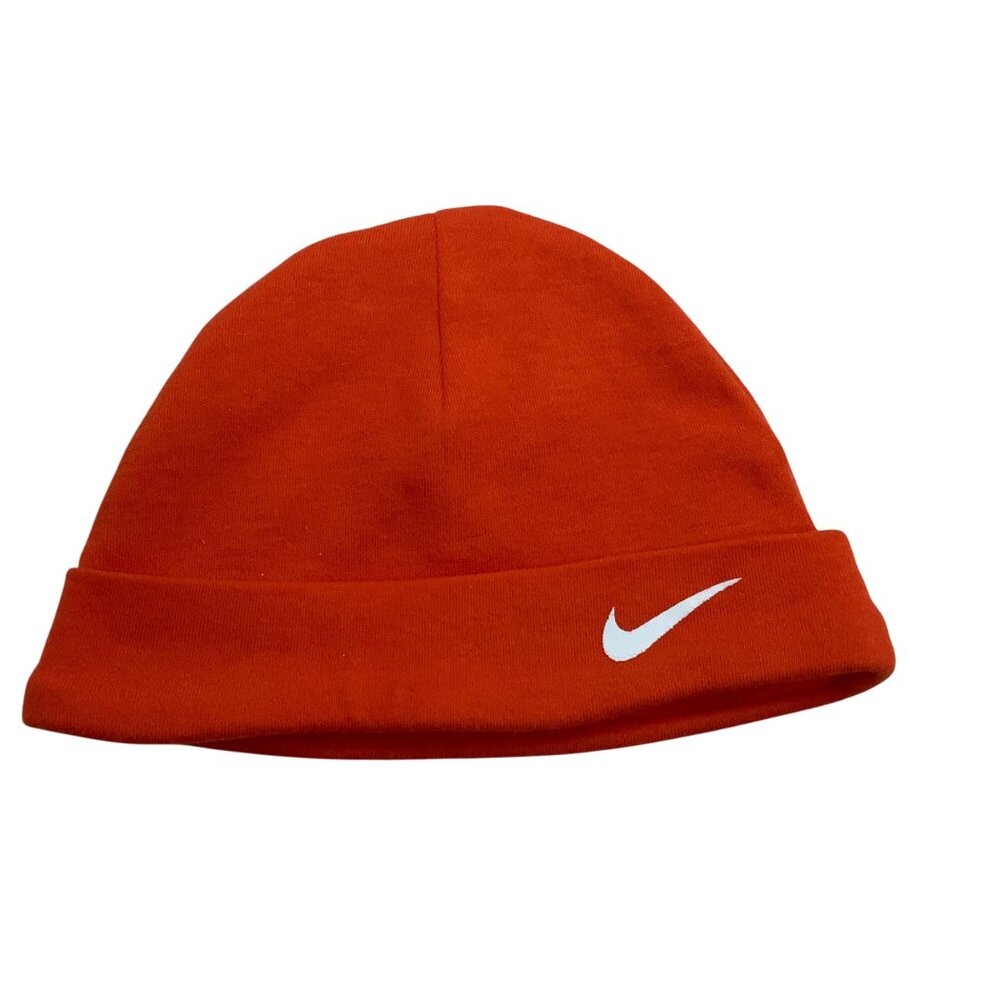 Nike Baby Orange Beanie Hat 0-9M 100% Cotton With White Swoosh Logo